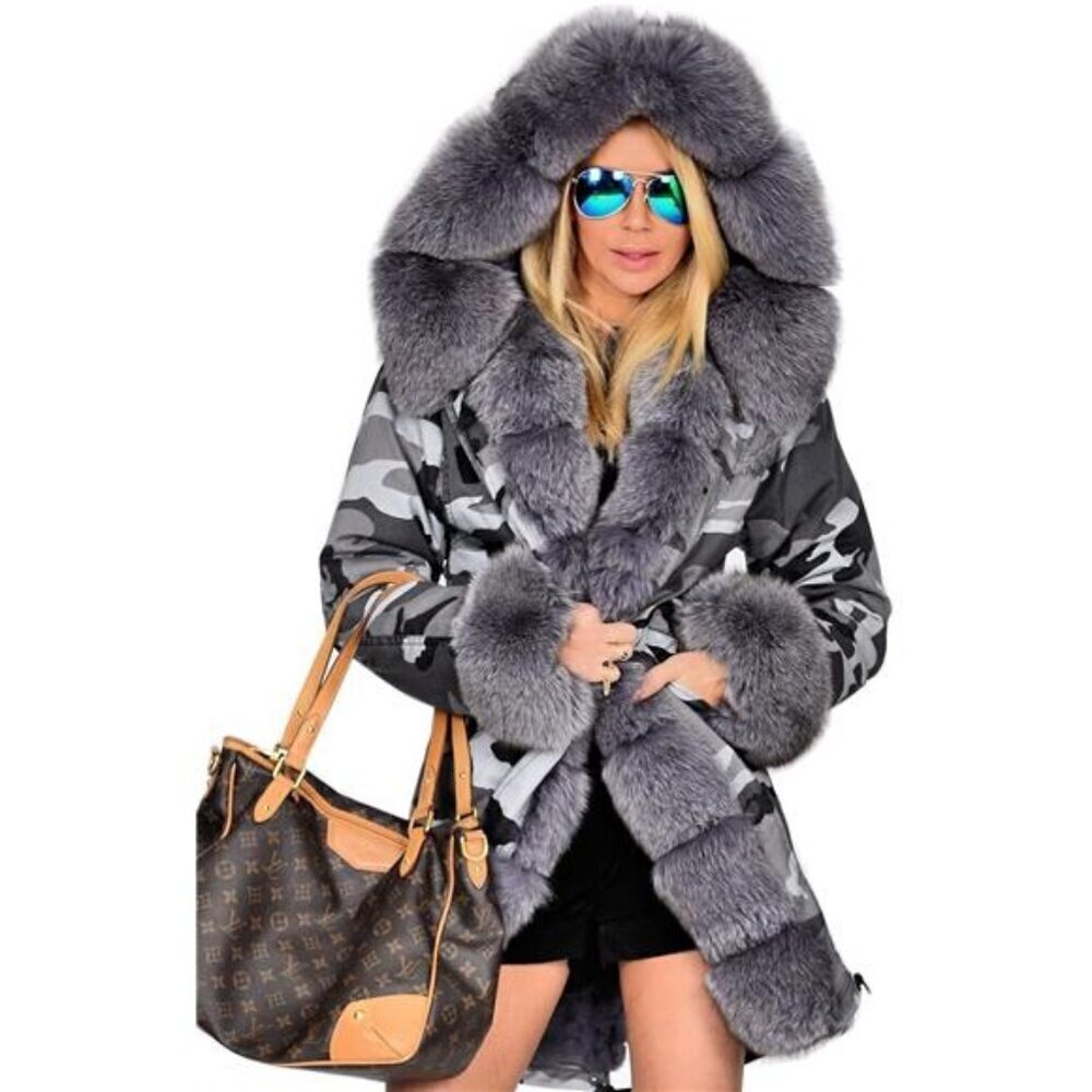 Roiii Women Thicken Warm Winter Coat Hood Down Parka Fleece Fur Outdoor